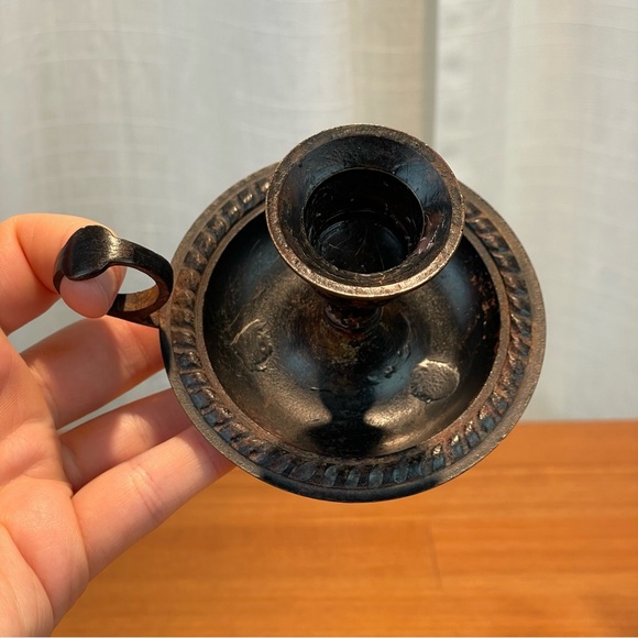 Antique Primitive French Cast Metal Handheld Taper Candle Holder Brown Vintage - Picture 8 of 16